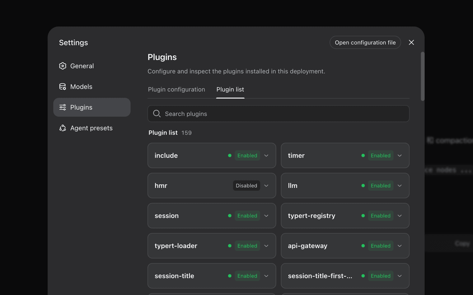 TraceLayer Harness settings showing installed plugins and their status